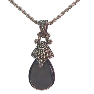 Judith Jack Sterling  Silver Pendant Necklace  with Marcasite ,Onyx Teardrop.
